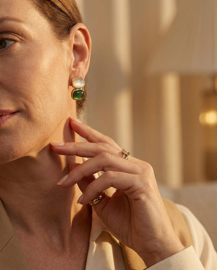 Elegant White and Green Stone Gold Earrings