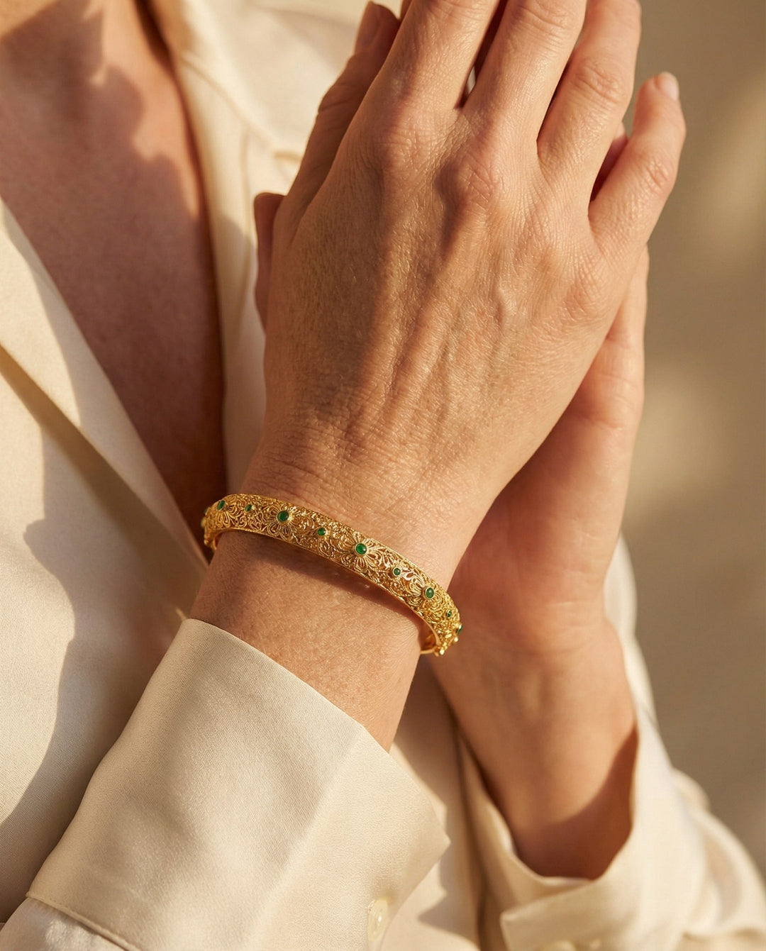 Ethnic Style Gold Green Gemstone Bangle with Floral Pattern