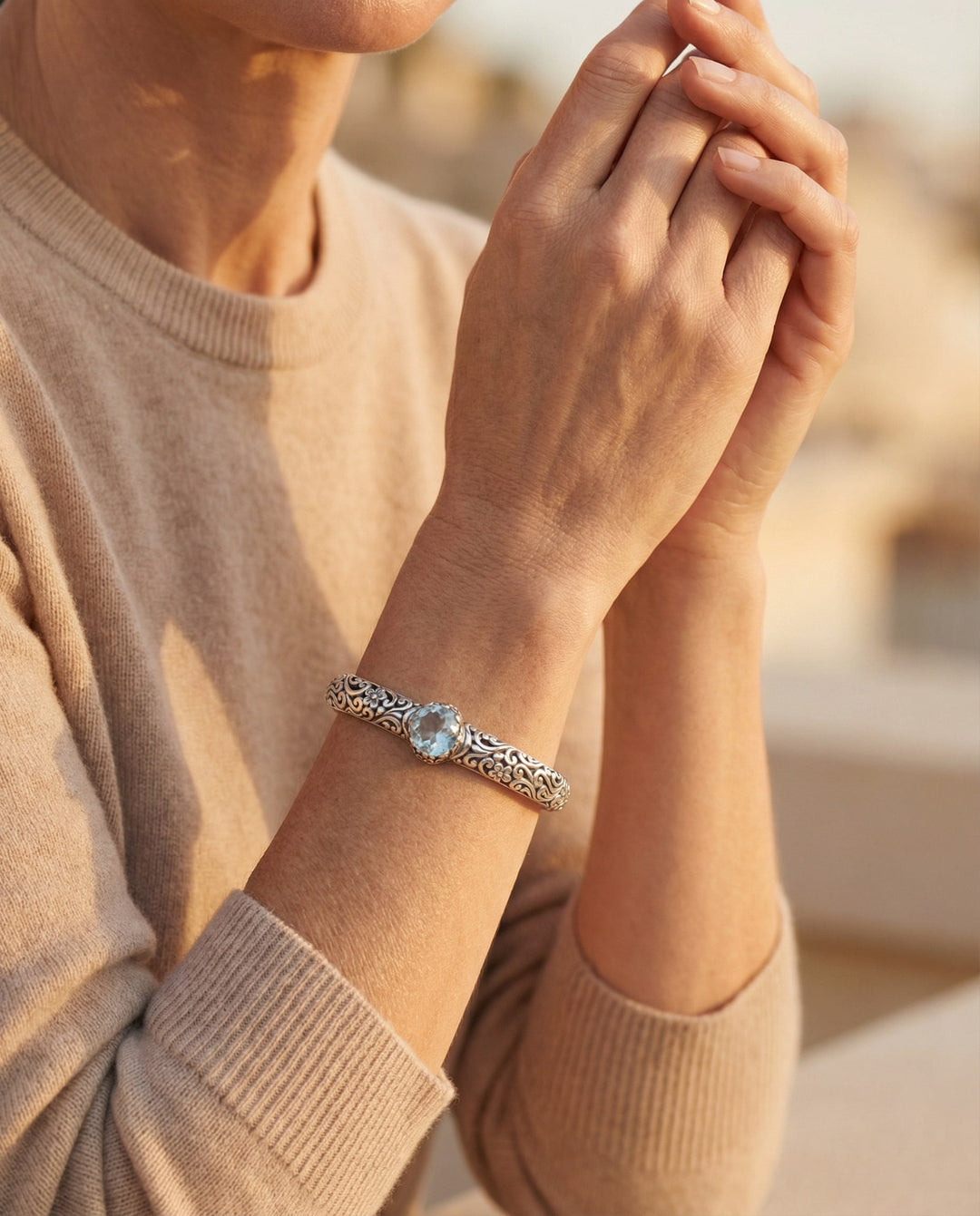 Vintage Open Silver Bracelet with Cubic Zirconia