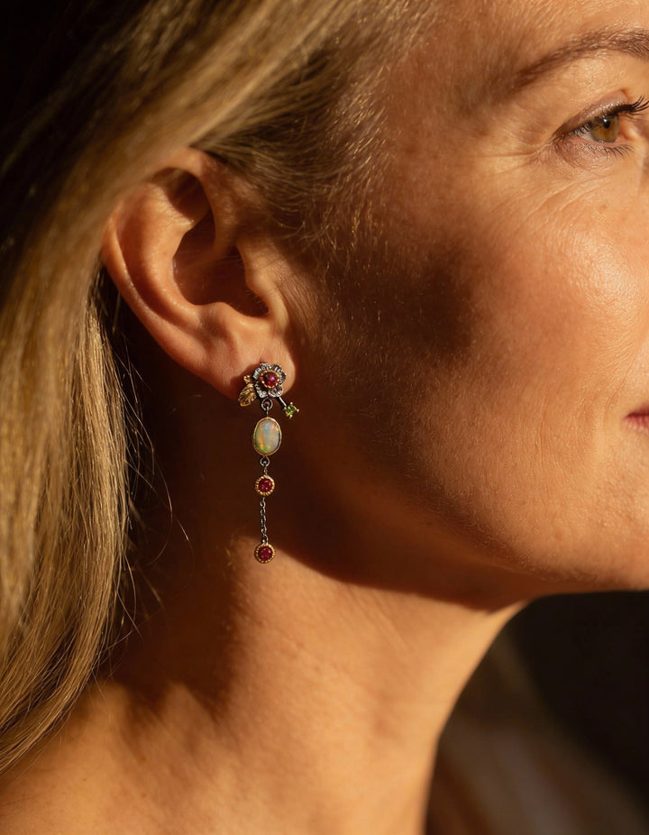 Vintage Gold Blue Opal and Red Crystal Earrings