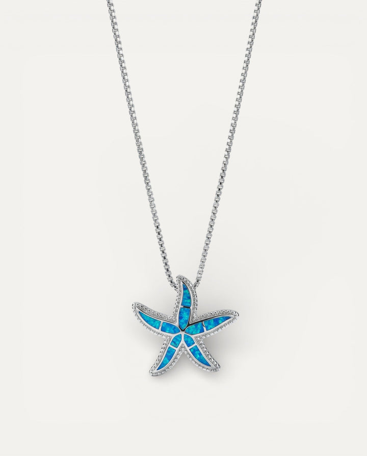 Silver Brilliant Blue Starfish and Opal Necklace