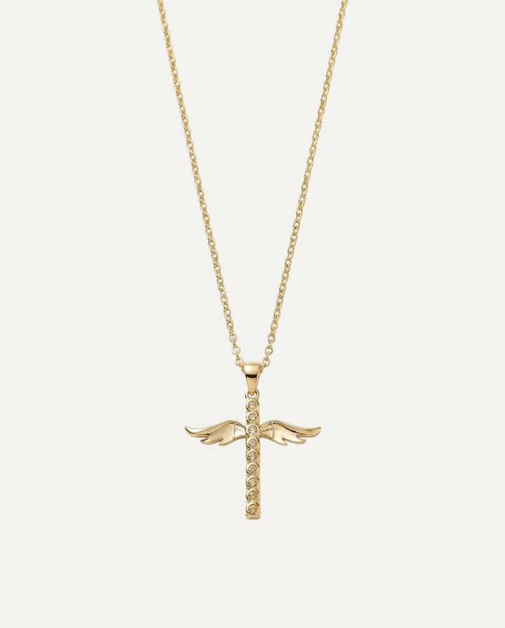 Gold Angel Wing Cross Pendant Necklace