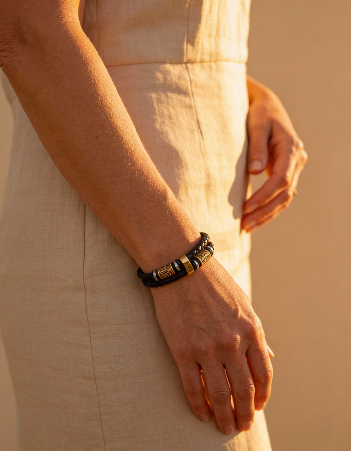 Braided Black Leather Bracelet with Gold Charm