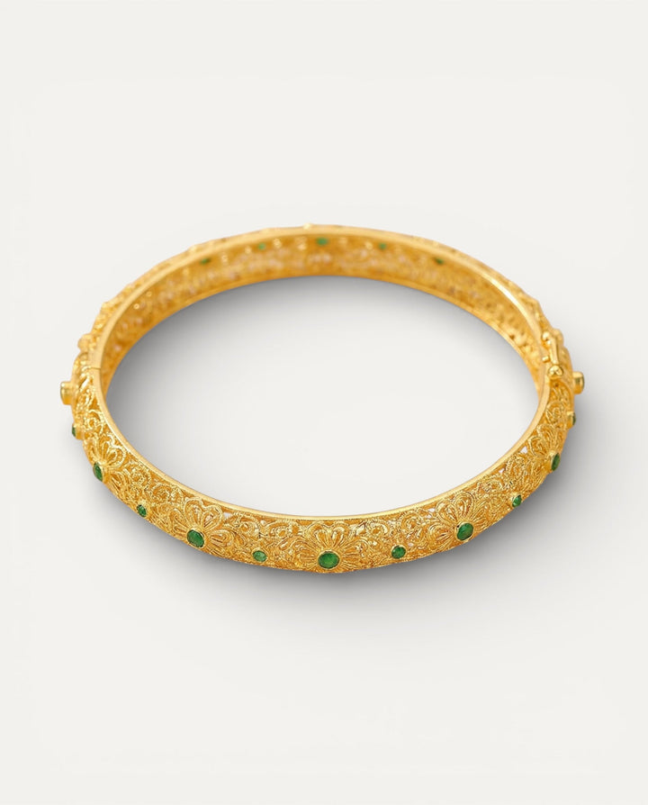 Ethnic Style Gold Green Gemstone Bangle with Floral Pattern