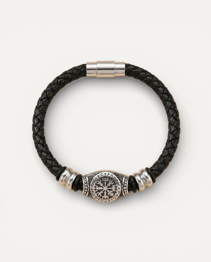 Black Braided Leather Viking Compass Bracelet