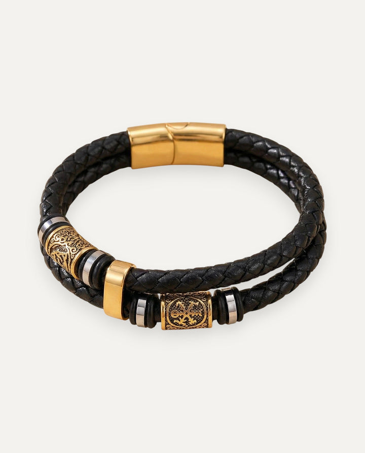 Braided Black Leather Bracelet with Gold Charm