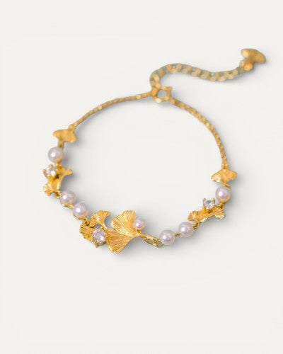 Classic Gold Ginkgo Leaf and Pearl Bracelet
