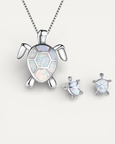Sea Turtle Necklace and Earring Set in Opal and Silver